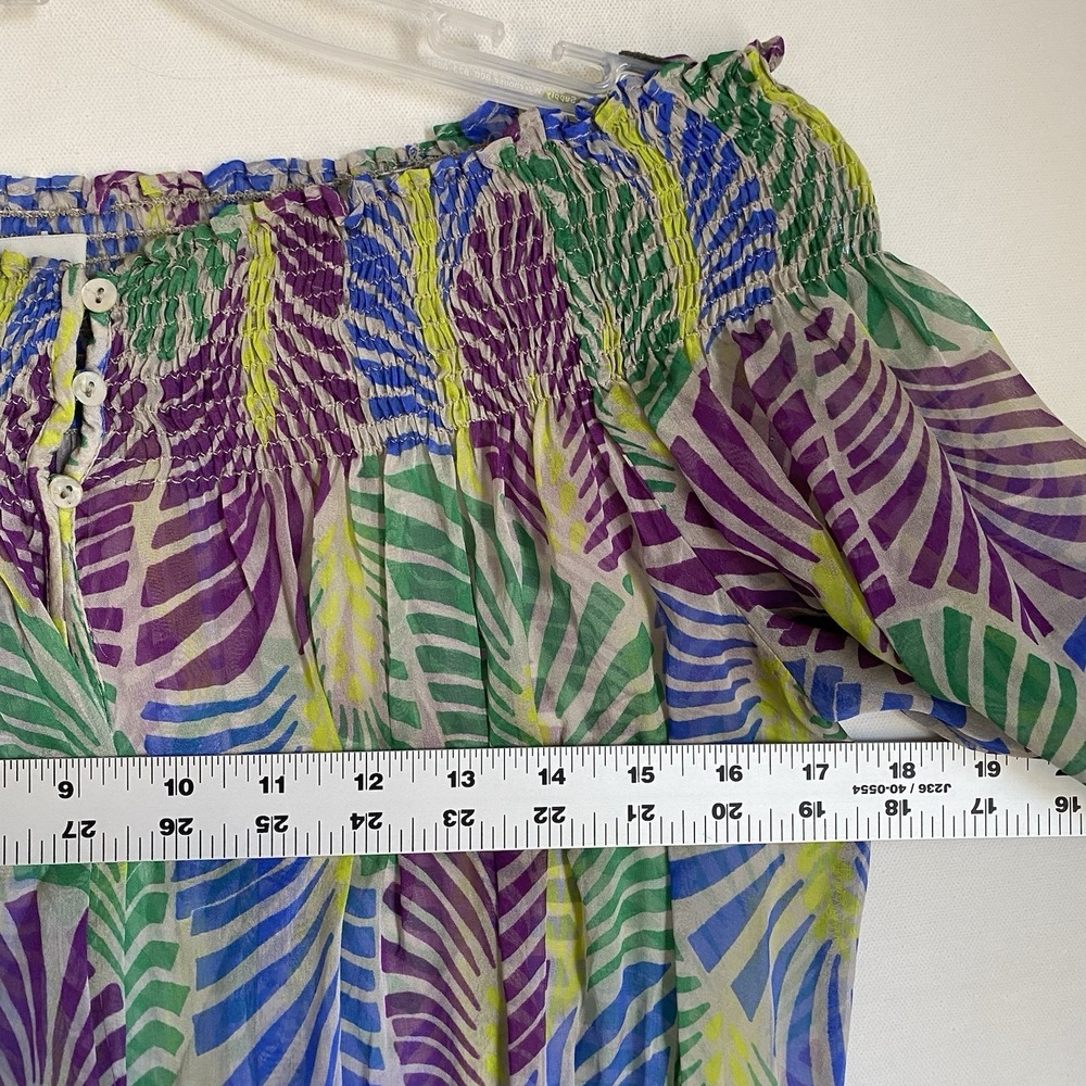 Zara 100% Silk Blouse Size M Multicolor Off Shoulder Puff Sleeve Resort Wear - Picture 7 of 9